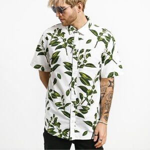 Vans Rubber CO. Men's White and Green Leaf Print Buttondown Shirt